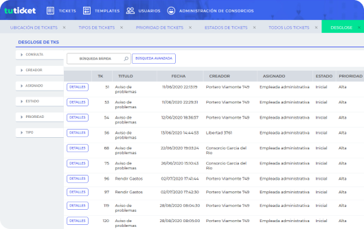 Pantalla de tickets con filtros y tabla de casos.