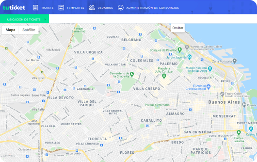 Pantalla de tickets con estados, prioridad y responsables.