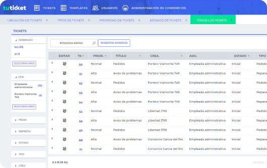 Pantalla de gestión de tickets con vistas por categoría.